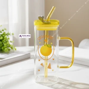 400ml Orange Glass Mug With Lid & Straw (1) 400ml Orange Transparent Borosilicate Heat Resistant Glass Mug With Lid & Straw For Milk Coffee Juice βπ₯€π