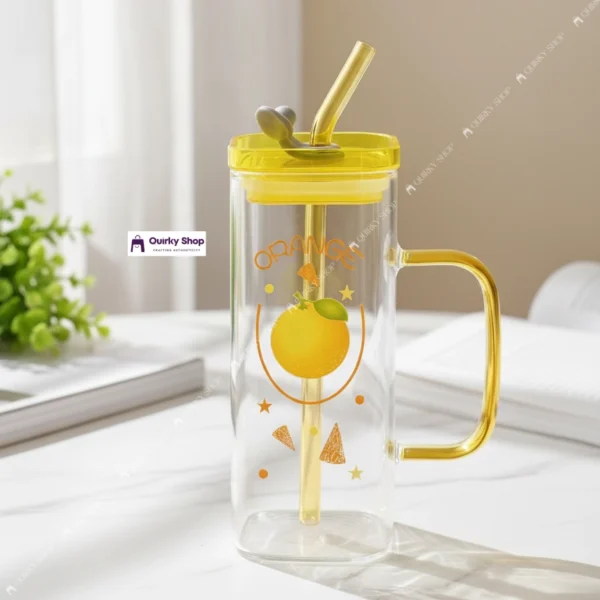 400ml Orange Glass Mug With Lid & Straw (1) 400ml Orange Transparent Borosilicate Heat Resistant Glass Mug With Lid & Straw For Milk Coffee Juice βπ₯€π