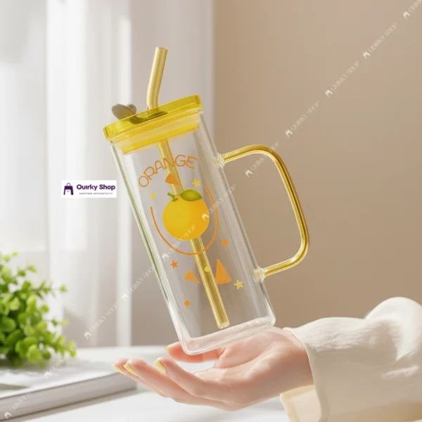 400ml Orange Glass Mug With Lid & Straw (4) 400ml Orange Transparent Borosilicate Heat Resistant Glass Mug With Lid & Straw For Milk Coffee Juice βπ₯€π