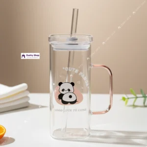 Cute Panda Glass Mug With Lid & Straw (2) 400ml Cute Panda Transparent Borosilicate Heat Resistant Glass Mug With Lid & Straw For Milk Coffee Juice βπ₯€πΌ