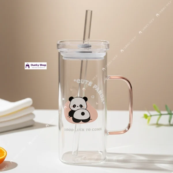 Cute Panda Glass Mug With Lid & Straw (2) 400ml Cute Panda Transparent Borosilicate Heat Resistant Glass Mug With Lid & Straw For Milk Coffee Juice βπ₯€πΌ