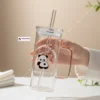 Cute Panda Glass Mug With Lid & Straw (3) 400ml Cute Panda Transparent Borosilicate Heat Resistant Glass Mug With Lid & Straw For Milk Coffee Juice βπ₯€πΌ