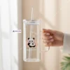 Cute Panda Glass Mug With Lid & Straw (4) 400ml Cute Panda Transparent Borosilicate Heat Resistant Glass Mug With Lid & Straw For Milk Coffee Juice βπ₯€πΌ