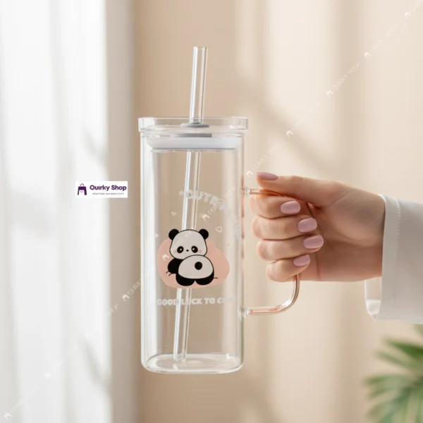 Cute Panda Glass Mug With Lid & Straw (4) 400ml Cute Panda Transparent Borosilicate Heat Resistant Glass Mug With Lid & Straw For Milk Coffee Juice βπ₯€πΌ