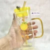 Orange Glass Mug With Lid and Straw (4) (1) 400ml Orange Transparent Borosilicate Heat Resistant Glass Mug With Lid & Straw For Milk Coffee Juice βπ₯€π
