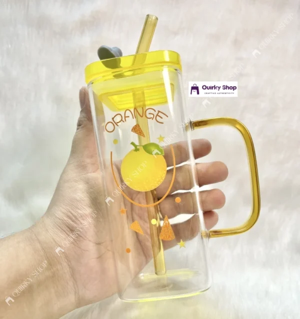 Orange Glass Mug With Lid and Straw (4) (1) 400ml Orange Transparent Borosilicate Heat Resistant Glass Mug With Lid & Straw For Milk Coffee Juice βπ₯€π