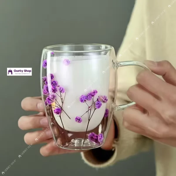 360ml Double Layer Flower Glass High Temperature Resistant Coffee Cup Large Capacity Cup with Handle (1) 360ml Double Layer Flower Glass Coffee Cup for Tea Coffee Milk & Drinks Elegant Heat Resistant Drinkware โ๐โจ
