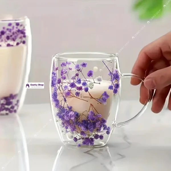 360ml Double Layer Flower Glass High Temperature Resistant Coffee Cup Large Capacity Cup with Handle (2) 360ml Double Layer Flower Glass Coffee Cup for Tea Coffee Milk & Drinks Elegant Heat Resistant Drinkware โ๐โจ