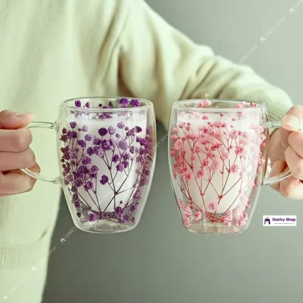 360ml Double Layer Flower Glass High Temperature Resistant Coffee Cup Large Capacity Cup with Handle (3) 360ml Double Layer Flower Glass Coffee Cup for Tea Coffee Milk & Drinks Elegant Heat Resistant Drinkware โ๐โจ