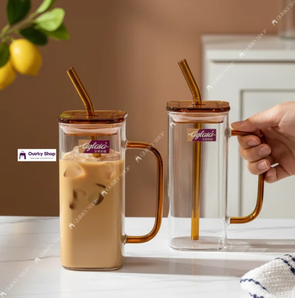 380ml Premium Transparent Borosilicate Glass Mug With Lid & Straw For Milk, Juice & Coffee ☕🍓🥤