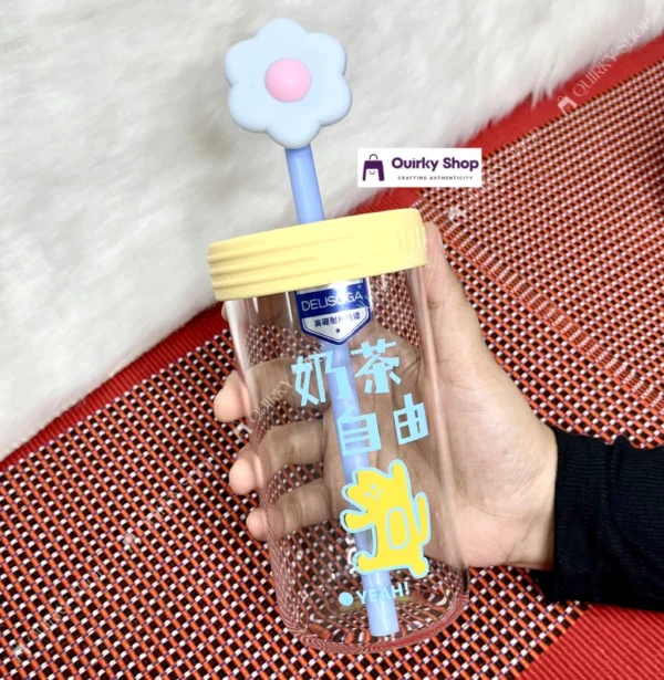 550ml Cute Flower Cap Borosilicate Glass Cup With Lid & Straw (1) 550ml Cute Flower Cap Borosilicate Glass Cup With Lid & Straw Cartoon Design For Milk Tea Juice Cold Drinks πΈπ₯€π§