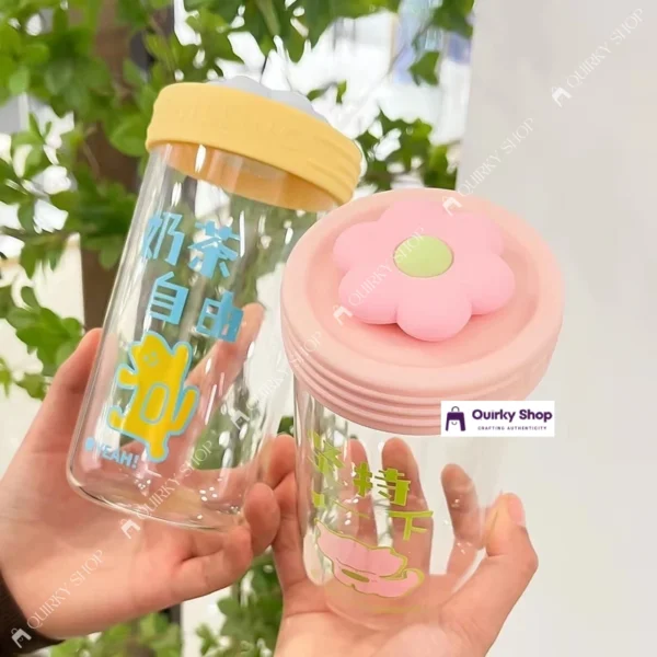 550ml Cute Flower Straw Cap (2) 550ml Cute Flower Cap Borosilicate Glass Cup With Lid & Straw Cartoon Design For Milk Tea Juice Cold Drinks πΈπ₯€π§