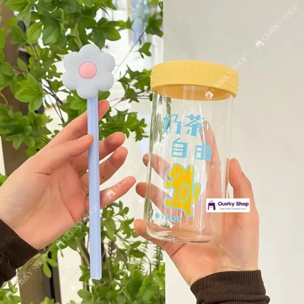 550ml Cute Flower Straw Cap (3) 550ml Cute Flower Cap Borosilicate Glass Cup With Lid & Straw Cartoon Design For Milk Tea Juice Cold Drinks πΈπ₯€π§