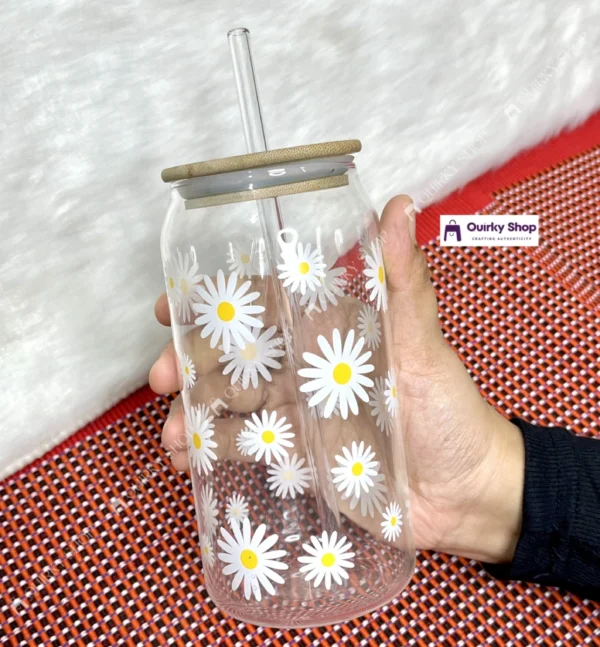 550ml Daisy Floral Glass Cup With Bamboo Lid & Straw 550ml Daisy Floral Glass Cup With Bamboo Lid & Straw For Coffee, Tea, Juice & Milk πΌβπ₯€