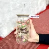 550ml Floral Transparent Glass Cup With Bamboo Lid & Straw (1) 550ml Floral Transparent Glass Cup With Bamboo Lid & Straw For Coffee, Tea & Juice πΈβπ₯€
