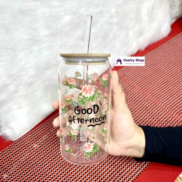 550ml Floral Transparent Glass Cup With Bamboo Lid & Straw (1) 550ml Floral Transparent Glass Cup With Bamboo Lid & Straw For Coffee, Tea & Juice πΈβπ₯€