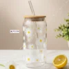 Daisy Floral Glass Cup With Bamboo Lid & Straw (1) 550ml Daisy Floral Glass Cup With Bamboo Lid & Straw For Coffee, Tea, Juice & Milk πΌβπ₯€