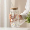 Daisy Floral Glass Cup With Bamboo Lid & Straw (2) 550ml Daisy Floral Glass Cup With Bamboo Lid & Straw For Coffee, Tea, Juice & Milk πΌβπ₯€