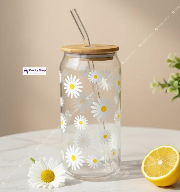 Daisy Floral Glass Cup With Bamboo Lid & Straw 550ml Daisy Floral Glass Cup With Bamboo Lid & Straw For Coffee, Tea, Juice & Milk πΌβπ₯€