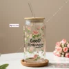 Floral Transparent Glass Cup With Bamboo Lid & Straw (1) 550ml Floral Transparent Glass Cup With Bamboo Lid & Straw For Coffee, Tea & Juice πΈβπ₯€