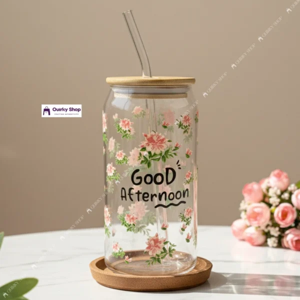 Floral Transparent Glass Cup With Bamboo Lid & Straw (1) 550ml Floral Transparent Glass Cup With Bamboo Lid & Straw For Coffee, Tea & Juice πΈβπ₯€
