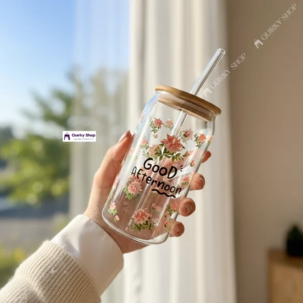 Floral Transparent Glass Cup With Bamboo Lid & Straw (2) 550ml Floral Transparent Glass Cup With Bamboo Lid & Straw For Coffee, Tea & Juice πΈβπ₯€