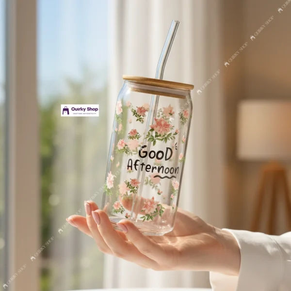 Floral Transparent Glass Cup With Bamboo Lid & Straw (3) 550ml Floral Transparent Glass Cup With Bamboo Lid & Straw For Coffee, Tea & Juice πΈβπ₯€