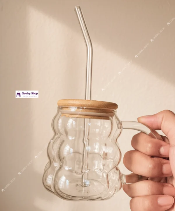 400ml Grape Bubble Glass Mug With Bamboo Lid & Straw – Clear Wavy Cup For Milk, Coffee & Juice 🍇☕✨