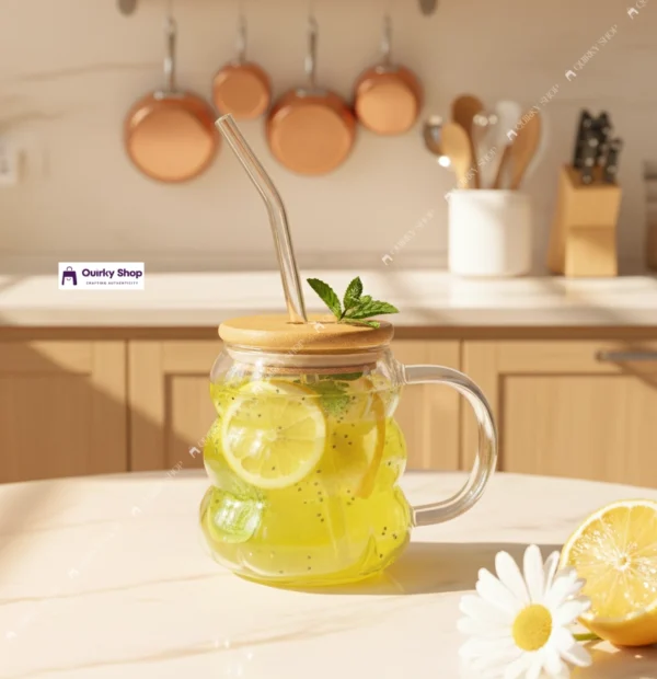 400ml Grape Bubble Glass Mug With Bamboo Lid & Straw – Clear Wavy Cup For Milk, Coffee & Juice 🍇☕✨