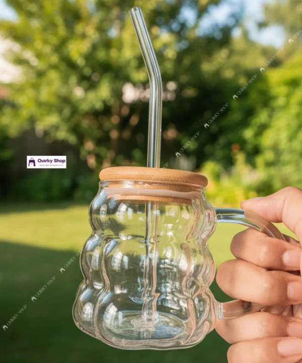 400ml Grape Bubble Glass Mug With Bamboo Lid & Straw – Clear Wavy Cup For Milk, Coffee & Juice 🍇☕✨