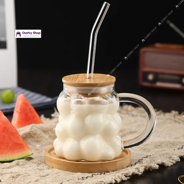 Grape Cup (1) 350ml Grape Bubble Glass Mug With Bamboo Lid & Straw β Clear Wavy Cup For Milk, Coffee & Juice πββ¨