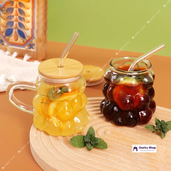 Grape Cup 350ml Grape Bubble Glass Mug With Bamboo Lid & Straw β Clear Wavy Cup For Milk, Coffee & Juice πββ¨