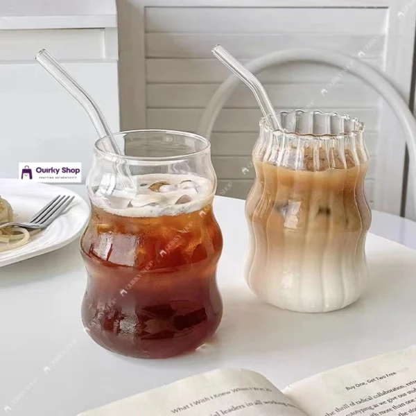 H32370737c71d48fc92cd79389f84f99av 530ml Striped Glass Coffee Mug With Bamboo Lid & Straw β Clear Borosilicate Cup For Coffee, Juice & Milk βππΏ