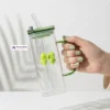 Pookie Green Transparent Glass Mug (2) Pookie Green Transparent Glass Mug With Lid & Straw For Coffee, Juice & Milk Aesthetic Breakfast Drinkware ๐ฅค๐๐ฟ