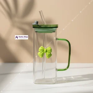 Pookie Green Transparent Glass Mug Pookie Green Transparent Glass Mug With Lid & Straw For Coffee, Juice & Milk Aesthetic Breakfast Drinkware π₯€ππΏ