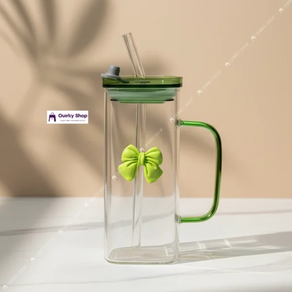 Pookie Green Transparent Glass Mug Pookie Green Transparent Glass Mug With Lid & Straw For Coffee, Juice & Milk Aesthetic Breakfast Drinkware ๐ฅค๐๐ฟ