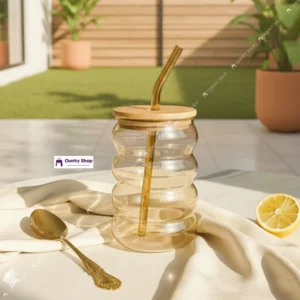 Ripple Design Glass Cup1 480ml Ripple Design Glass Cup with Bamboo Lid & Straw Vintage Transparent Mug for Coffee, Juice & Milk π§‘π₯€β