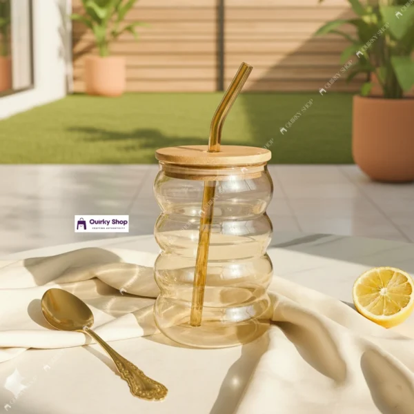 Ripple Design Glass Cup1 480ml Ripple Design Glass Cup with Bamboo Lid & Straw Vintage Transparent Mug for Coffee, Juice & Milk π§‘π₯€β