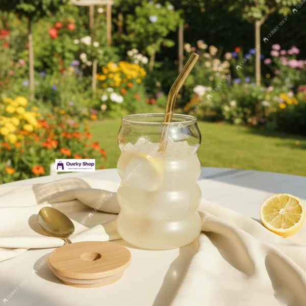 Ripple Design Glass Cup2 480ml Ripple Design Glass Cup with Bamboo Lid & Straw Vintage Transparent Mug for Coffee, Juice & Milk π§‘π₯€β