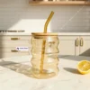Ripple Design Glass Cup7 480ml Ripple Design Glass Cup with Bamboo Lid & Straw Vintage Transparent Mug for Coffee, Juice & Milk π§‘π₯€β