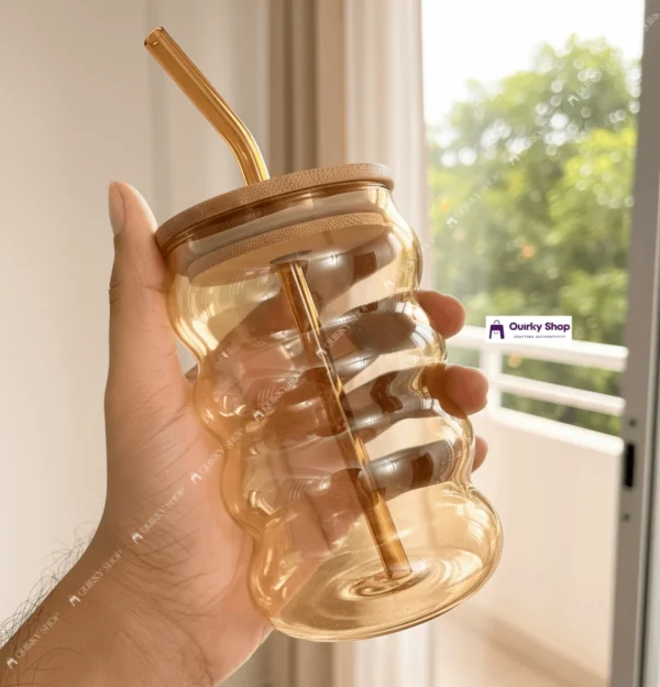 Ripple Design Glass Cup8 480ml Ripple Design Glass Cup with Bamboo Lid & Straw Vintage Transparent Mug for Coffee, Juice & Milk π§‘π₯€β