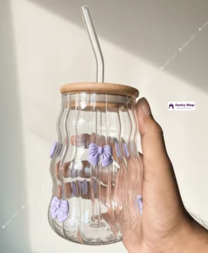 Wavy Glass Cup With Bamboo Lid & Straw (1) 530ml Stripped Glass Cup With Bamboo Lid & Straw β Clear Borosilicate Tumbler With Cute Purple Bows πβοΈπ₯€