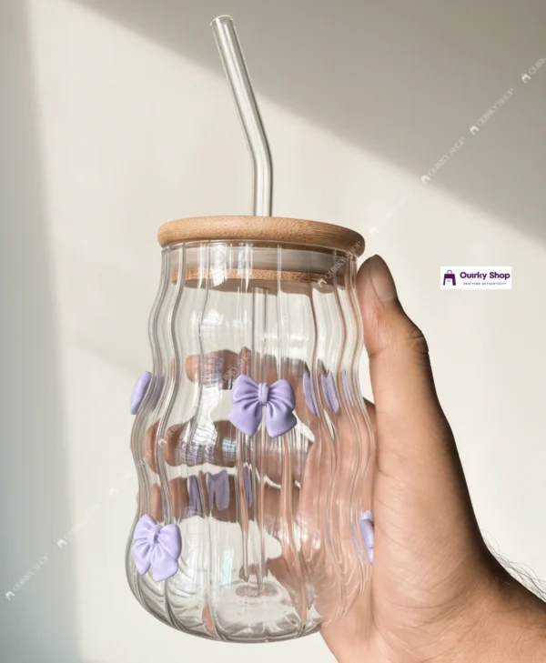 530ml Stripped Glass Cup With Bamboo Lid & Straw – Clear Borosilicate Tumbler With Cute Purple Bows 💜☀️🥤