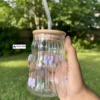 530ml Stripped Glass Cup With Bamboo Lid & Straw – Clear Borosilicate Tumbler With Cute Purple Bows 💜☀️🥤