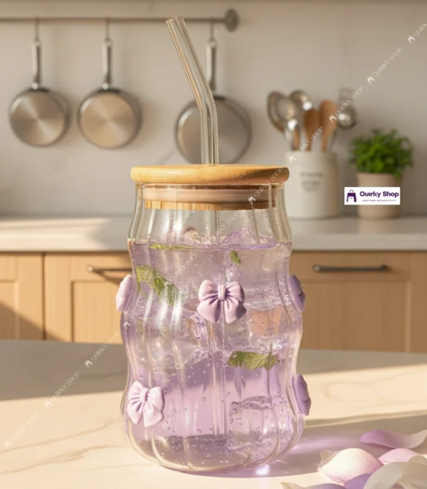 530ml Stripped Glass Cup With Bamboo Lid & Straw – Clear Borosilicate Tumbler With Cute Purple Bows 💜☀️🥤
