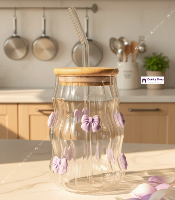 530ml Stripped Glass Cup With Bamboo Lid & Straw – Clear Borosilicate Tumbler With Cute Purple Bows 💜☀️🥤
