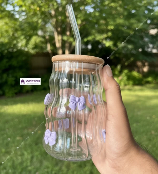 530ml Stripped Glass Cup With Bamboo Lid & Straw – Clear Borosilicate Tumbler With Cute Purple Bows 💜☀️🥤