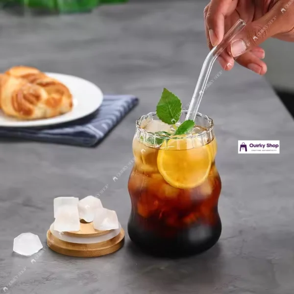 stripped glass mug (3) 530ml Striped Glass Coffee Mug With Bamboo Lid & Straw β Clear Borosilicate Cup For Coffee, Juice & Milk βππΏ