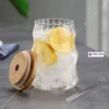 stripped glass mug (5) 530ml Striped Glass Coffee Mug With Bamboo Lid & Straw β Clear Borosilicate Cup For Coffee, Juice & Milk βππΏ