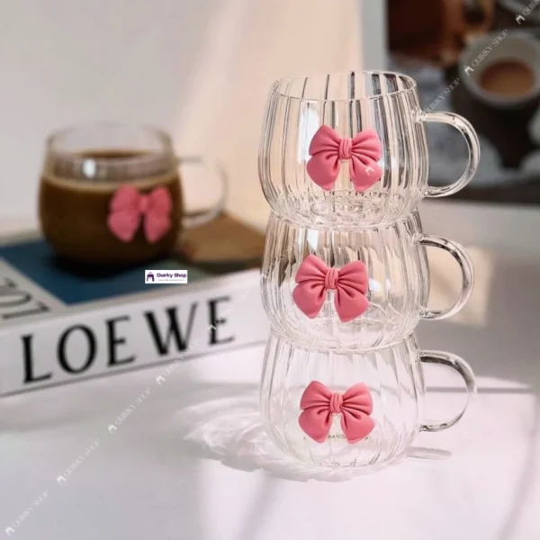 pookie glass cup (1) Cute Glass Cup with Pink Bow β 400ml Ribbed Cup for Coffee, Tea & Milk βππ